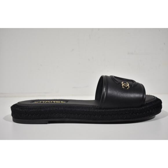 Chanel 23C Black Lambskin Leather CC Logo Slide Sandal Slip Espadrille Flat 40 - Picture 2 of 12